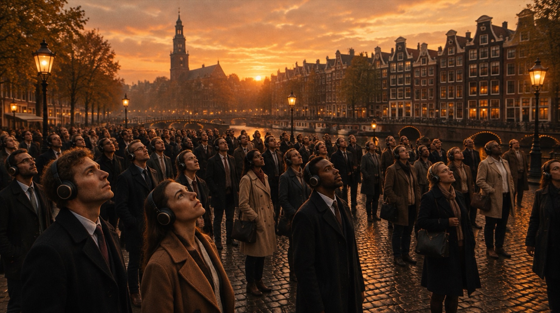Hundreds of people in coats on an Amsterdam square at dusk, all wearing headphones and looking up at the sky together