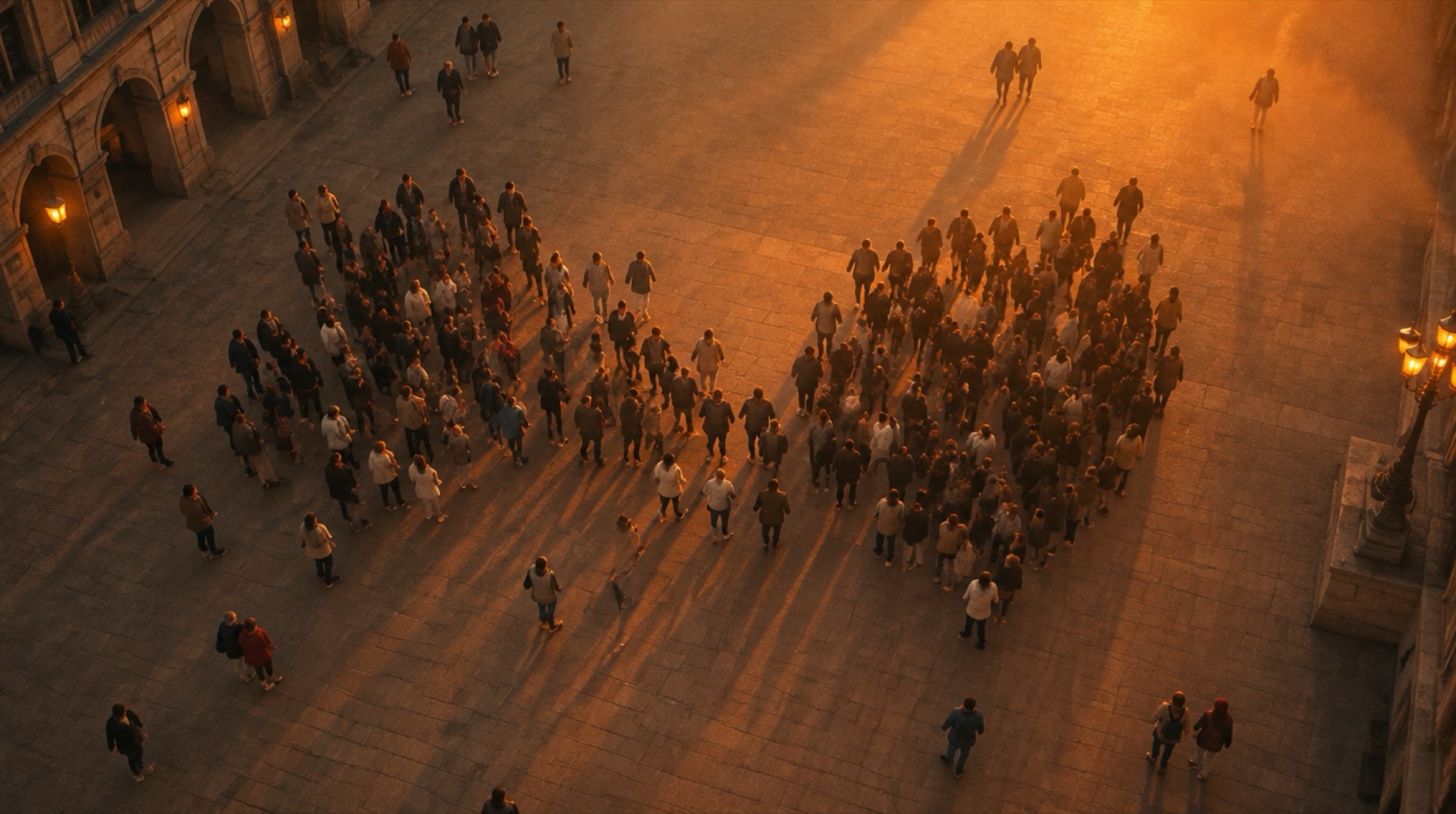 Drone view of two groups of people on a square at dusk, slowly merging into one