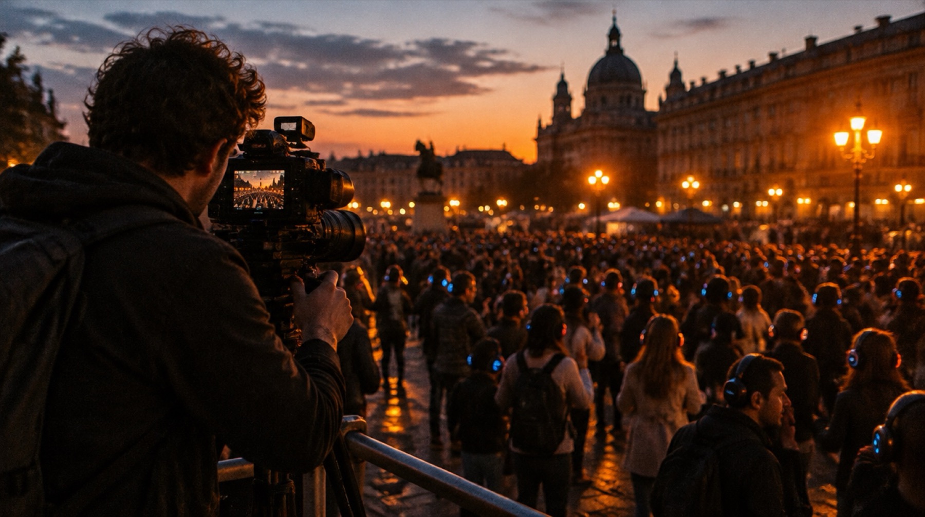 A photographer filming a crowd with headphones on a square at night