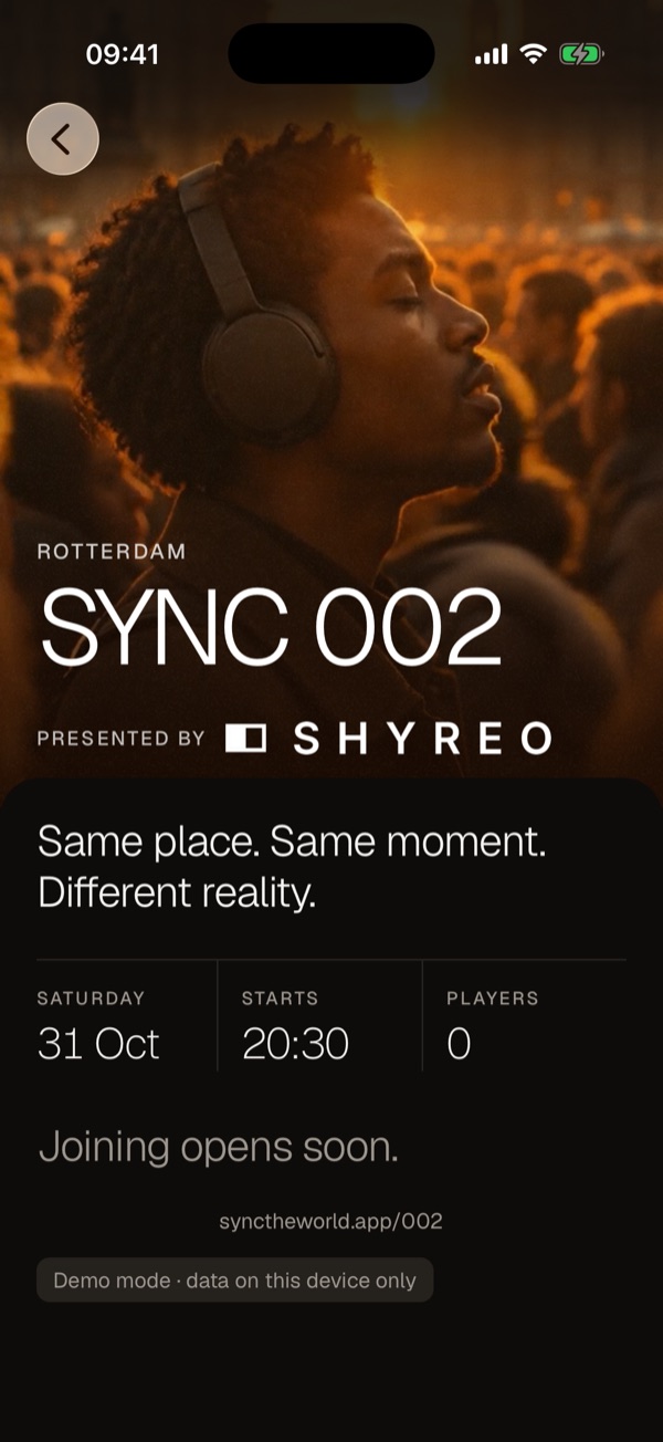 The SYNC 002 event page in Rotterdam, presented by Shyreo