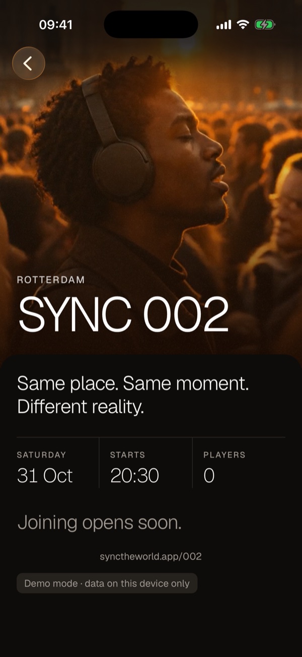 An event page for SYNC 002 in Rotterdam with date, start time and player count