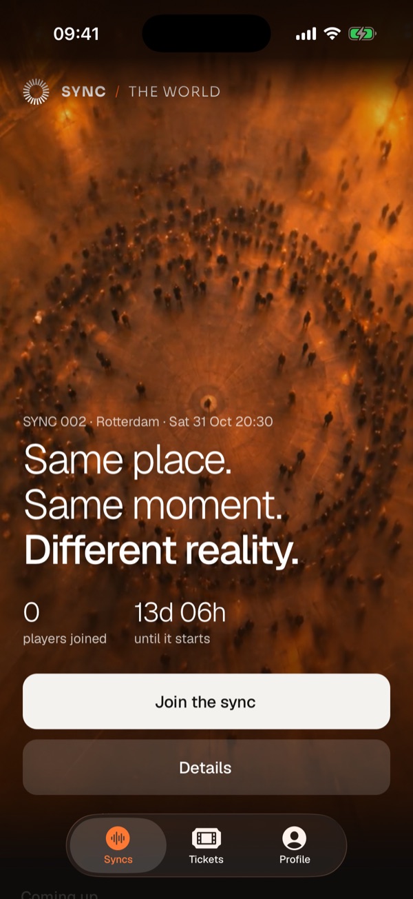 The SYNC home screen: an aerial crowd video with the next event, a countdown and a join button
